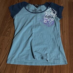 Harley-Davidson Blue Teal Graphic Rhinestone‎ Beaded Short Sleeve Tee Y2k Biker